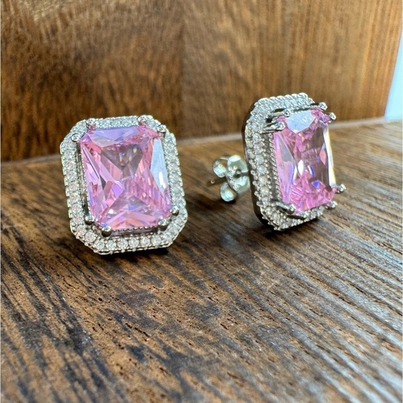 993. Emerald Cut Pink Kunzite Silver Stud Earrings - Picture 5 of 6